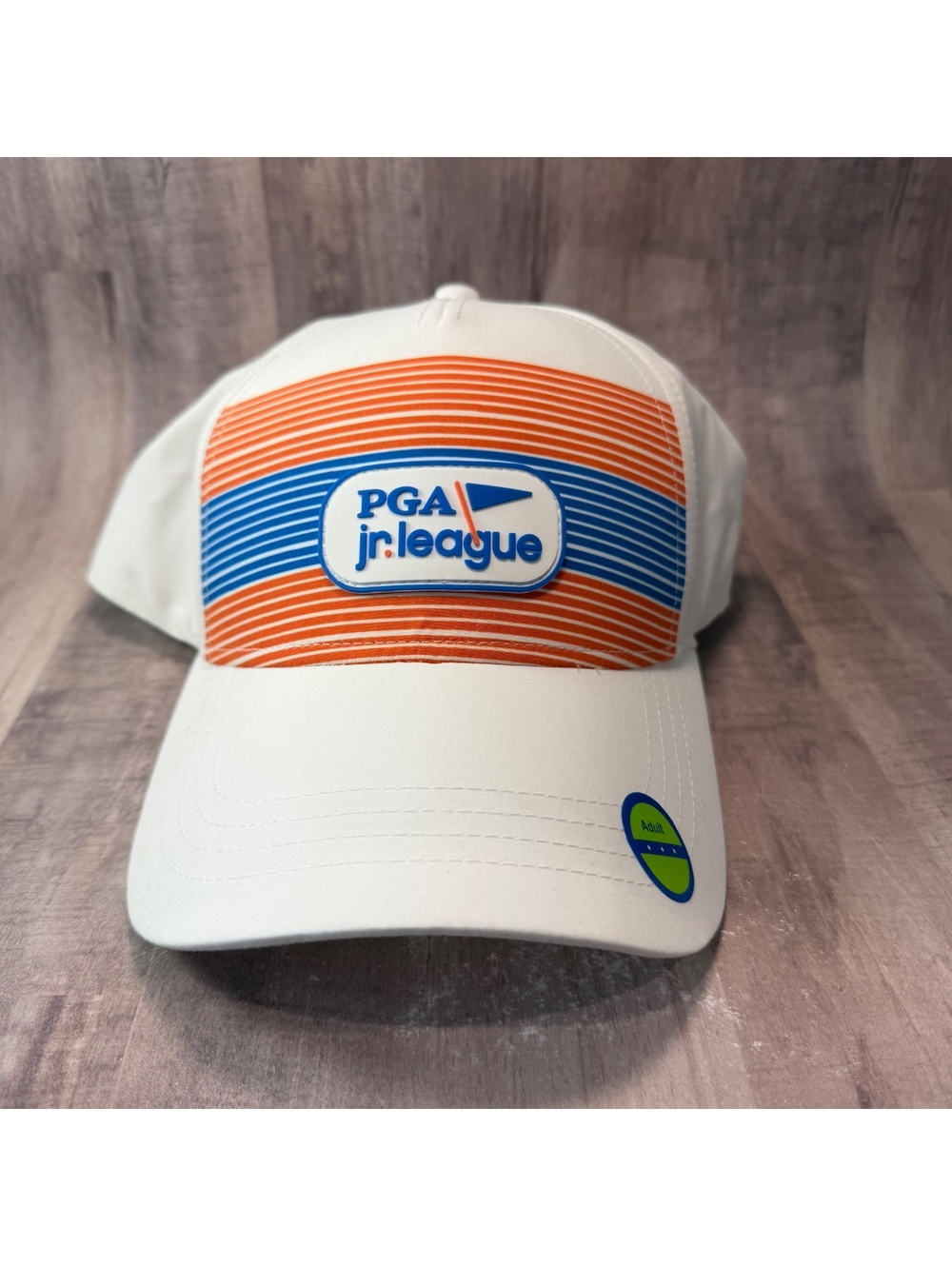 PGA Jr. League White Blue Orange Adult Size Hat Garb Golf Hook & Loop Cap